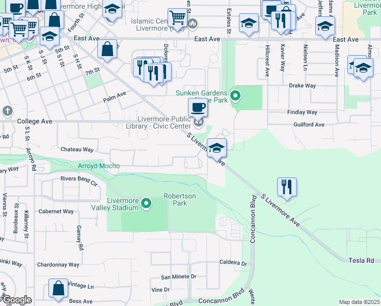 map of restaurants, bars, coffee shops, grocery stores, and more near 3146 Chateau Way in Livermore