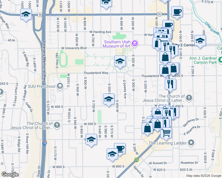 map of restaurants, bars, coffee shops, grocery stores, and more near 287 South 500 West in Cedar City