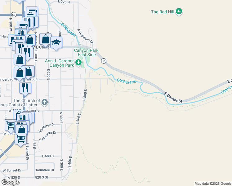 map of restaurants, bars, coffee shops, grocery stores, and more near Spring Canyon Road in Cedar City