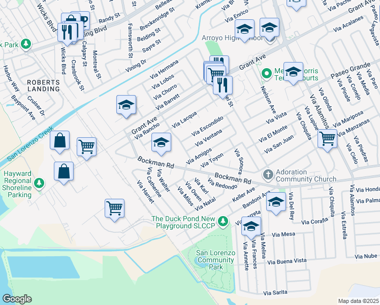 map of restaurants, bars, coffee shops, grocery stores, and more near 16054 Vía Nueva in San Lorenzo