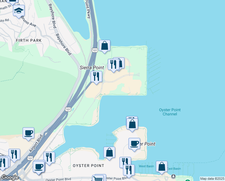 map of restaurants, bars, coffee shops, grocery stores, and more near 1800 Sierra Point Parkway in Brisbane