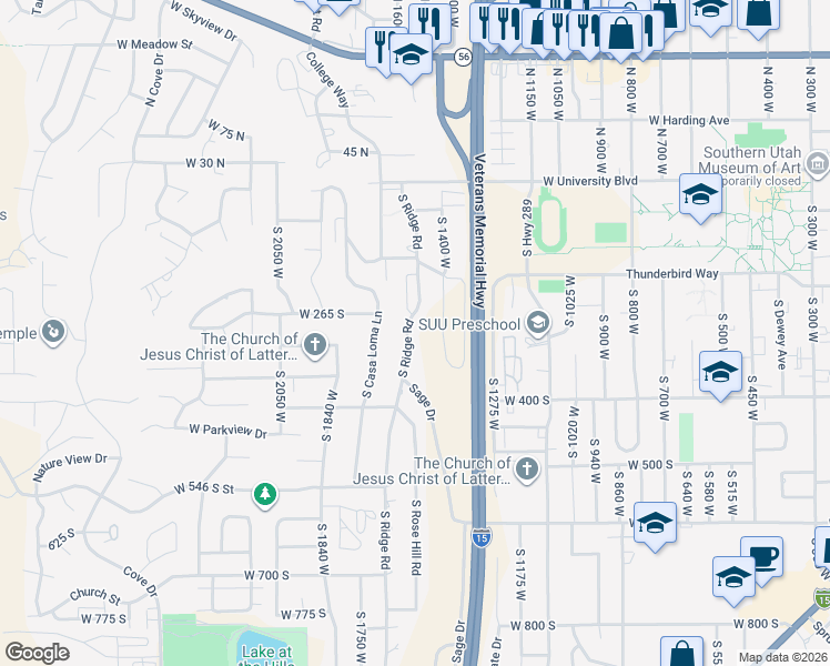 map of restaurants, bars, coffee shops, grocery stores, and more near 295 South Ridge Road in Cedar City