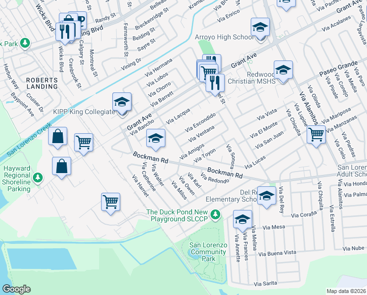 map of restaurants, bars, coffee shops, grocery stores, and more near 16054 Vía Nueva in San Lorenzo