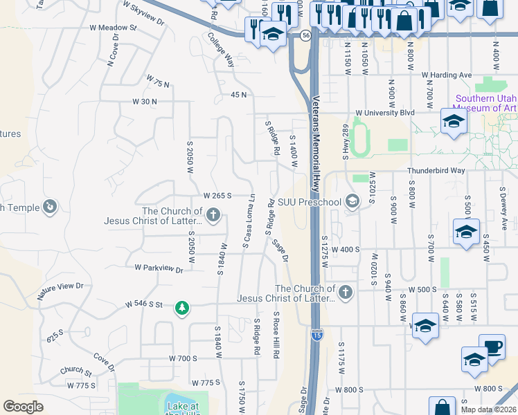 map of restaurants, bars, coffee shops, grocery stores, and more near 295 South Casa Loma Lane in Cedar City