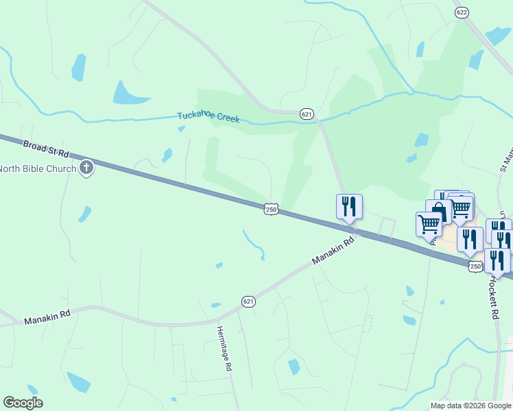 map of restaurants, bars, coffee shops, grocery stores, and more near 2006 Sycamore Creek Drive in Manakin-Sabot