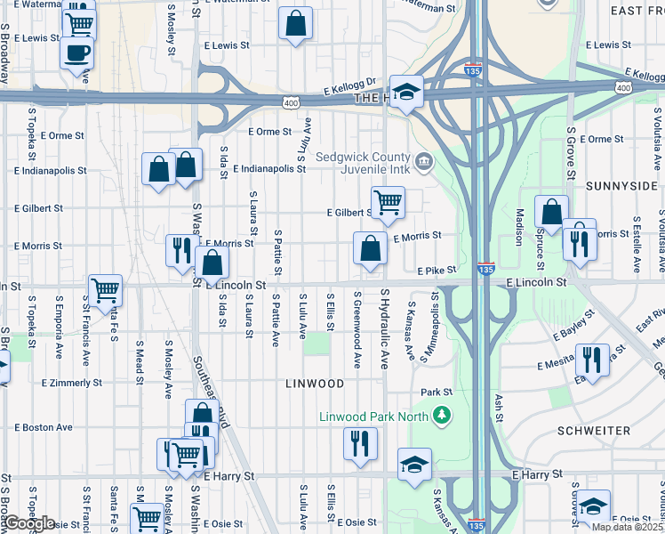 map of restaurants, bars, coffee shops, grocery stores, and more near 1133 Ellis South in Wichita