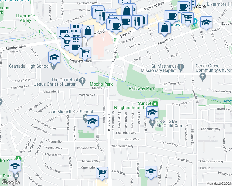 map of restaurants, bars, coffee shops, grocery stores, and more near 898 Holmes Street in Livermore