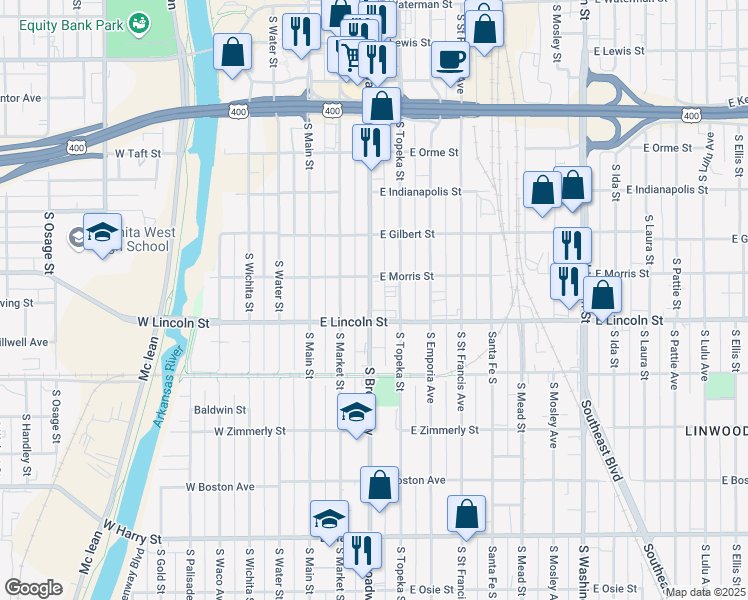 map of restaurants, bars, coffee shops, grocery stores, and more near 1130 S Broadway St in Wichita
