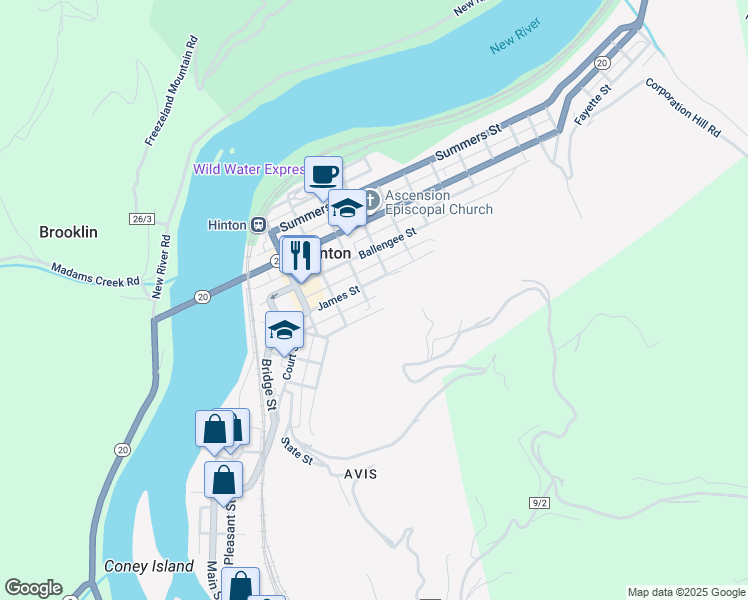map of restaurants, bars, coffee shops, grocery stores, and more near 513 4th Avenue in Hinton