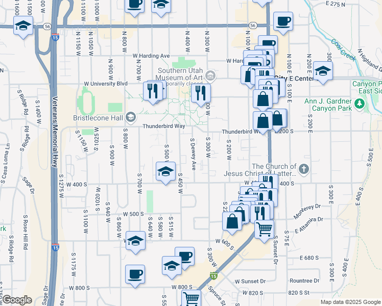 map of restaurants, bars, coffee shops, grocery stores, and more near 282 South Dewey Avenue in Cedar City