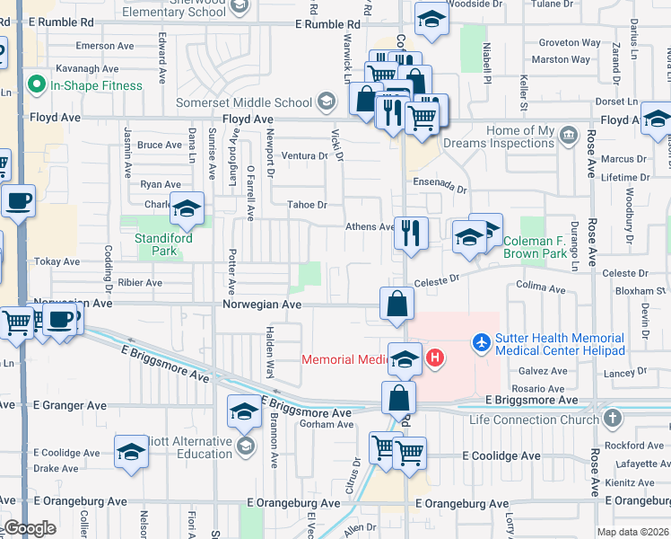 map of restaurants, bars, coffee shops, grocery stores, and more near 2000 La Jolla Court in Modesto