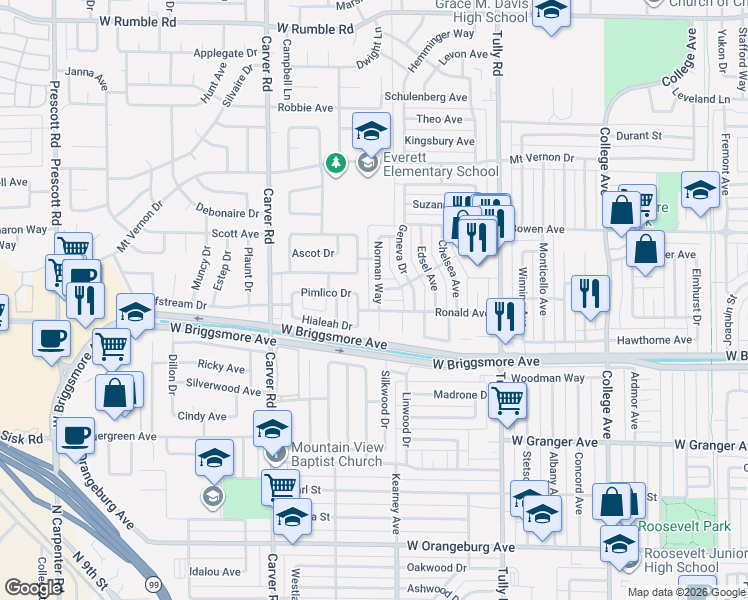 map of restaurants, bars, coffee shops, grocery stores, and more near 1514 Lorainne Avenue in Modesto