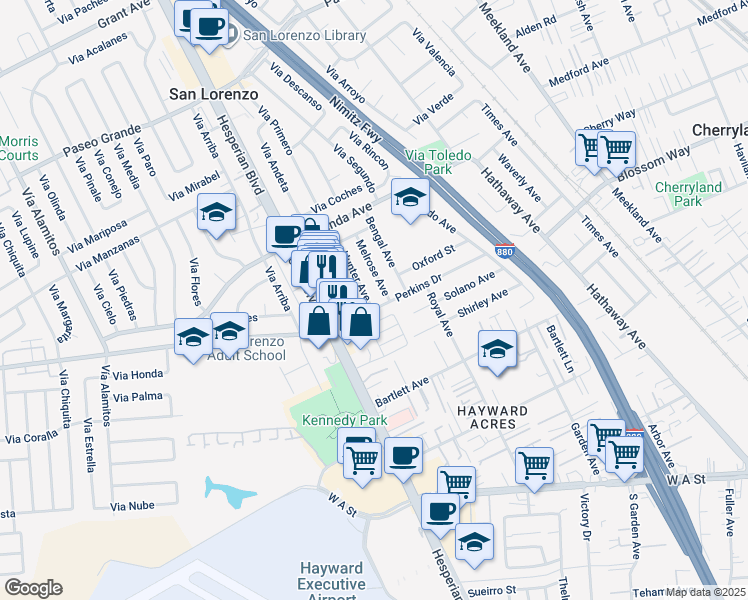 map of restaurants, bars, coffee shops, grocery stores, and more near 18773 Melrose Avenue in Hayward