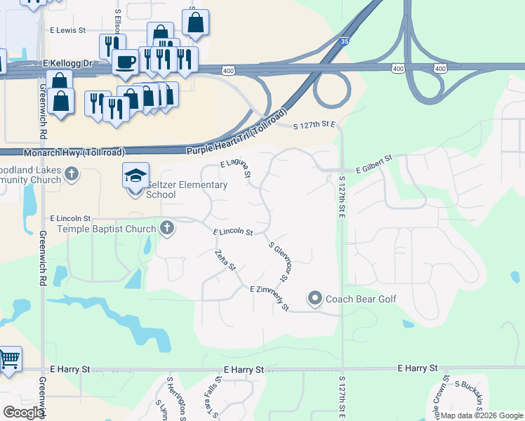 map of restaurants, bars, coffee shops, grocery stores, and more near 2339 East Lincoln Court in Wichita