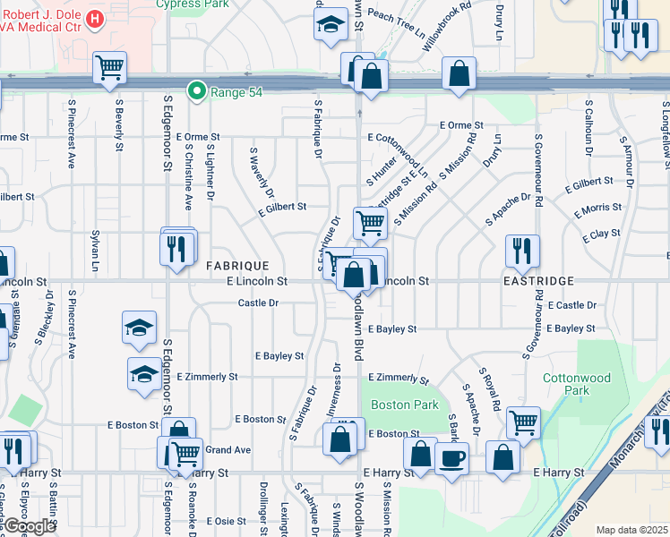 map of restaurants, bars, coffee shops, grocery stores, and more near 879 South Hillcrest Street in Wichita