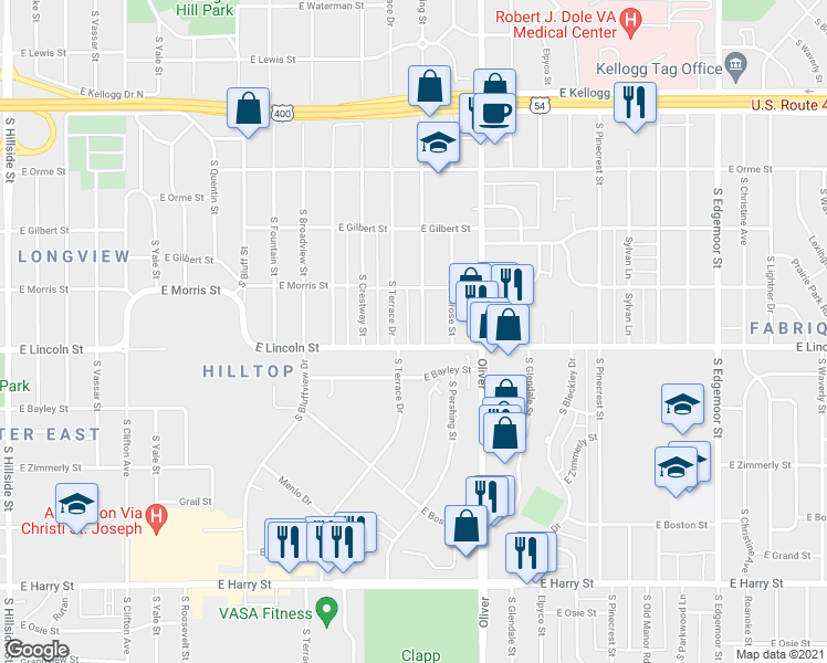map of restaurants, bars, coffee shops, grocery stores, and more near 842 South Pershing Street in Wichita