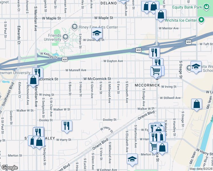 map of restaurants, bars, coffee shops, grocery stores, and more near 1023 South Millwood Avenue in Wichita