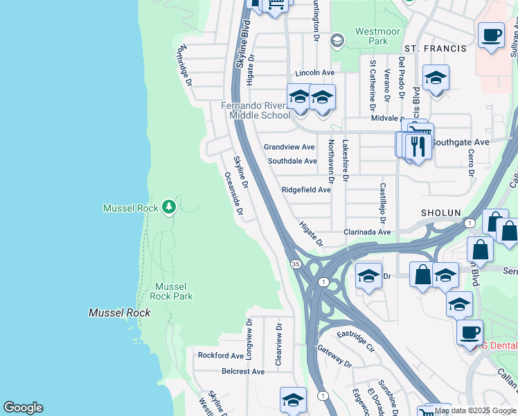 map of restaurants, bars, coffee shops, grocery stores, and more near 789 Skyline Drive in Daly City