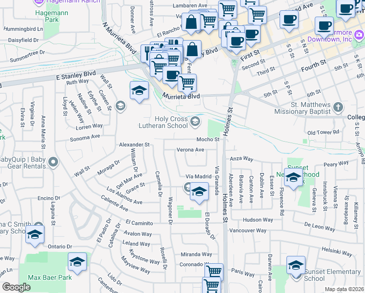 map of restaurants, bars, coffee shops, grocery stores, and more near 954 Verona Avenue in Livermore