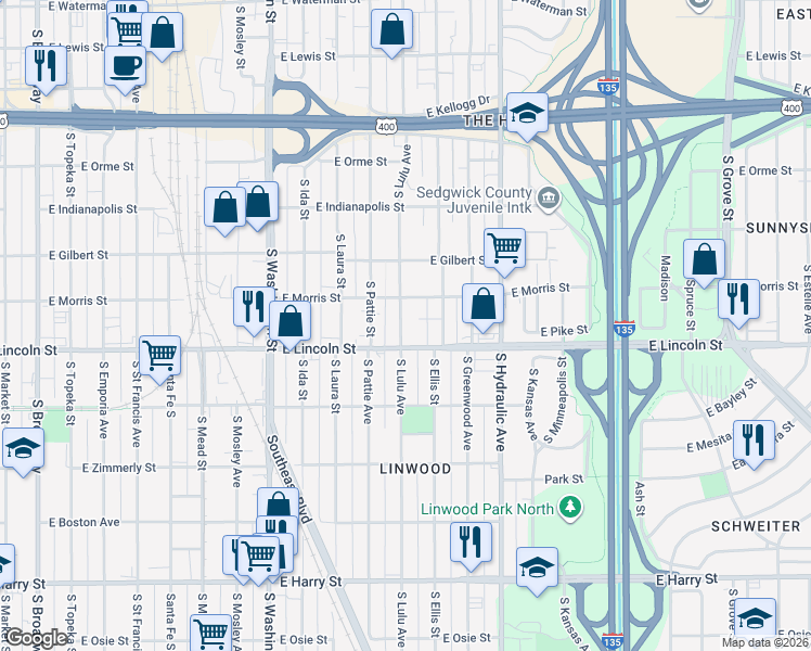 map of restaurants, bars, coffee shops, grocery stores, and more near 1119 South Lulu Avenue in Wichita