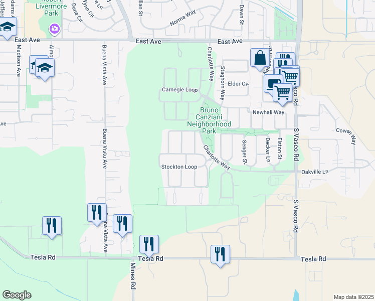 map of restaurants, bars, coffee shops, grocery stores, and more near 5477 Stockton Loop in Livermore