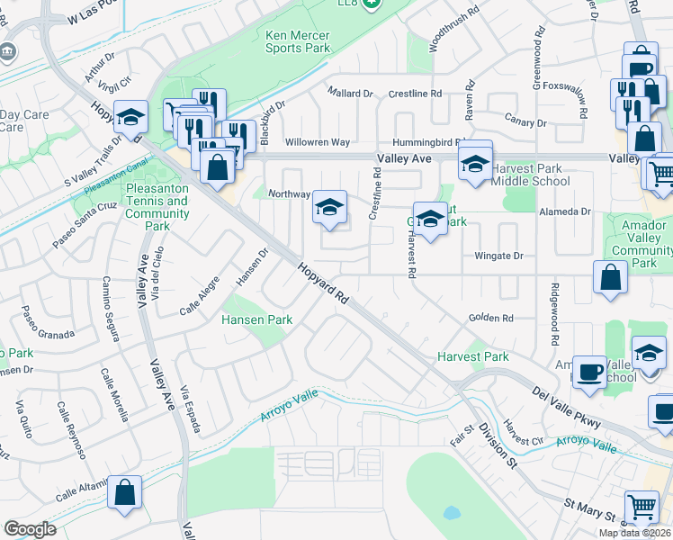 map of restaurants, bars, coffee shops, grocery stores, and more near 5411 Black Avenue in Pleasanton
