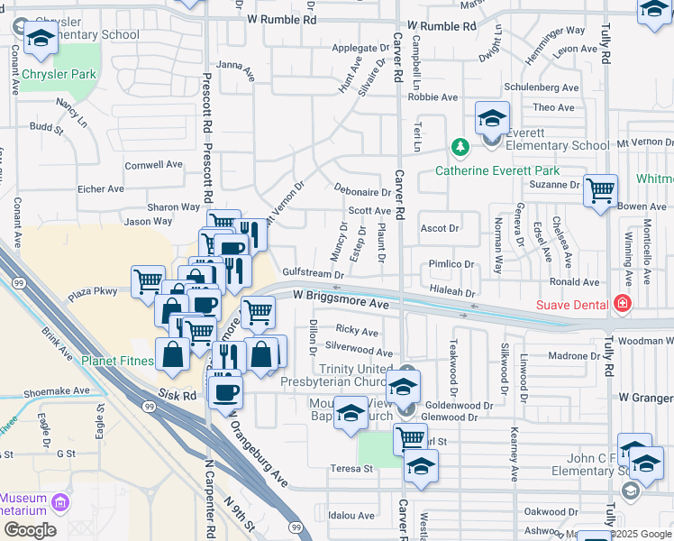 map of restaurants, bars, coffee shops, grocery stores, and more near 1902 Muncy Drive in Modesto