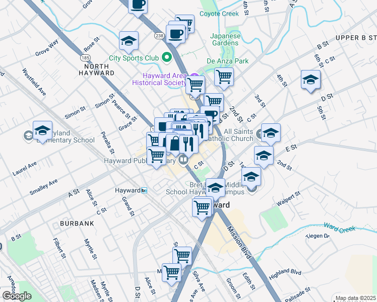 map of restaurants, bars, coffee shops, grocery stores, and more near 963 B Street in Hayward