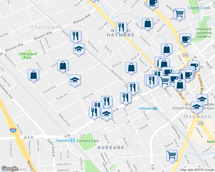 map of restaurants, bars, coffee shops, grocery stores, and more near Laurel Ave & Flagg St in Hayward