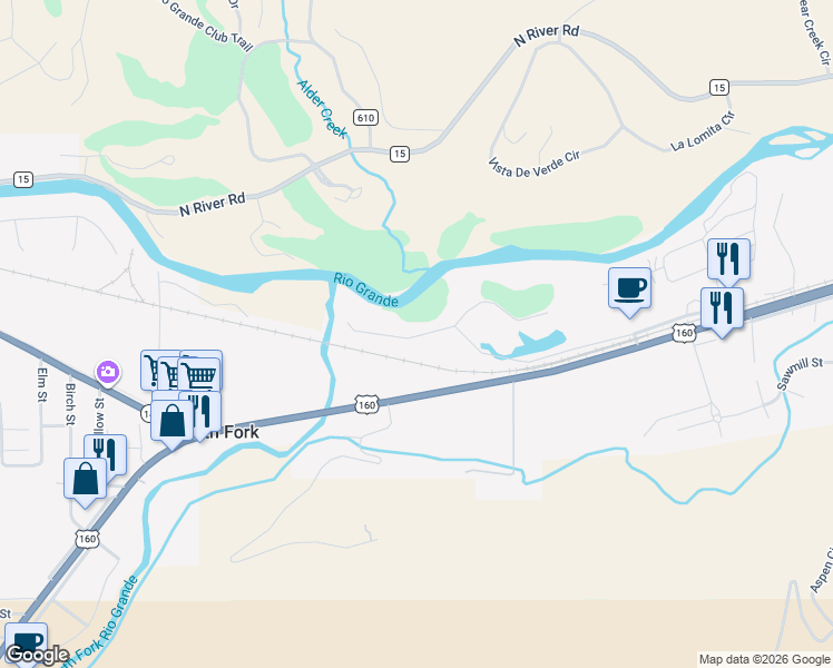 map of restaurants, bars, coffee shops, grocery stores, and more near 85 West Riverside Court in South Fork