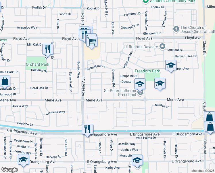 map of restaurants, bars, coffee shops, grocery stores, and more near 3144 Flushing Meadows Drive in Modesto