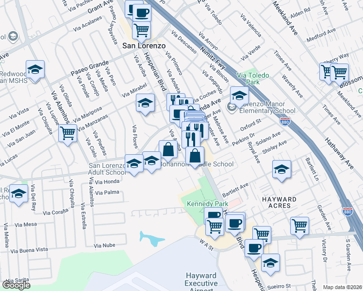 map of restaurants, bars, coffee shops, grocery stores, and more near 17790 Via Arriba in San Lorenzo