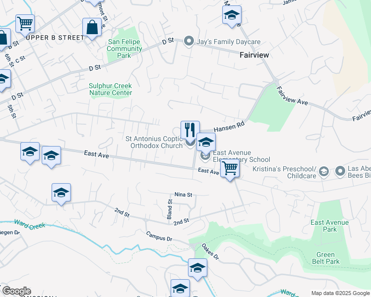 map of restaurants, bars, coffee shops, grocery stores, and more near 2500 Hansen Road in Hayward