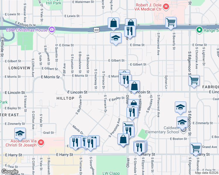 map of restaurants, bars, coffee shops, grocery stores, and more near 847 South Pershing Street in Wichita