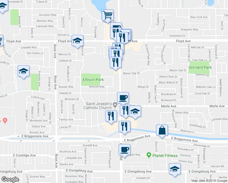 map of restaurants, bars, coffee shops, grocery stores, and more near 2115 Celeste Drive in Modesto