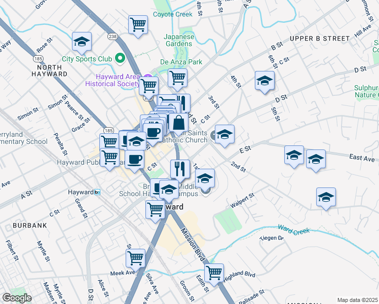 map of restaurants, bars, coffee shops, grocery stores, and more near 22748 1st Street in Hayward