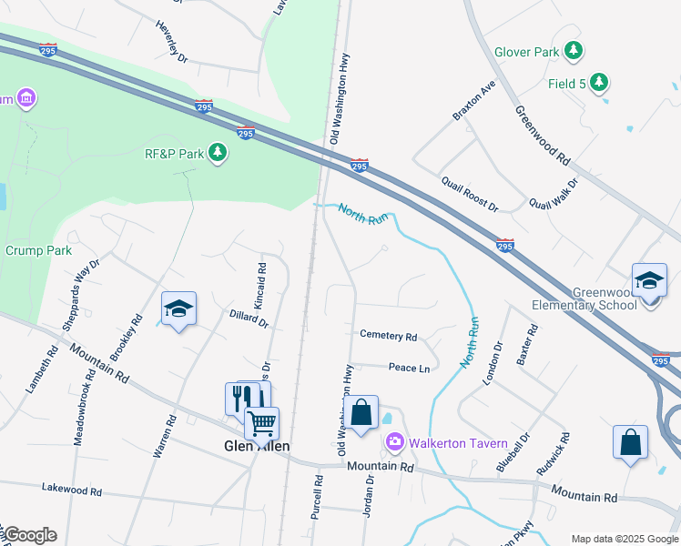 map of restaurants, bars, coffee shops, grocery stores, and more near 11010 Old Washington Highway in Glen Allen