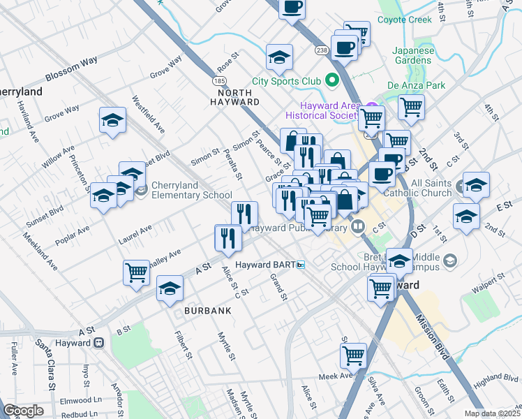 map of restaurants, bars, coffee shops, grocery stores, and more near 22378 Peralta Street in Hayward