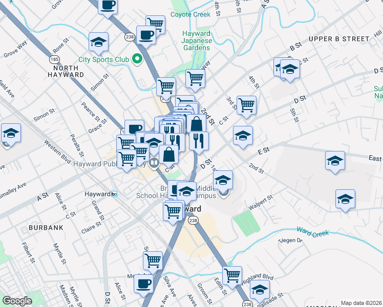 map of restaurants, bars, coffee shops, grocery stores, and more near 22701 Foothill Boulevard in Hayward