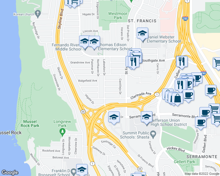 map of restaurants, bars, coffee shops, grocery stores, and more near 75 Pacifico Avenue in Daly City