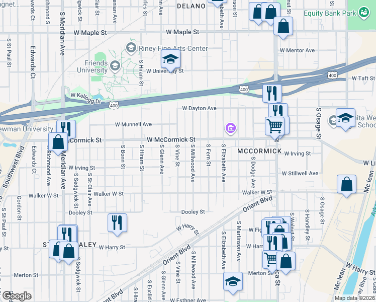 map of restaurants, bars, coffee shops, grocery stores, and more near 1023 South Millwood Avenue in Wichita