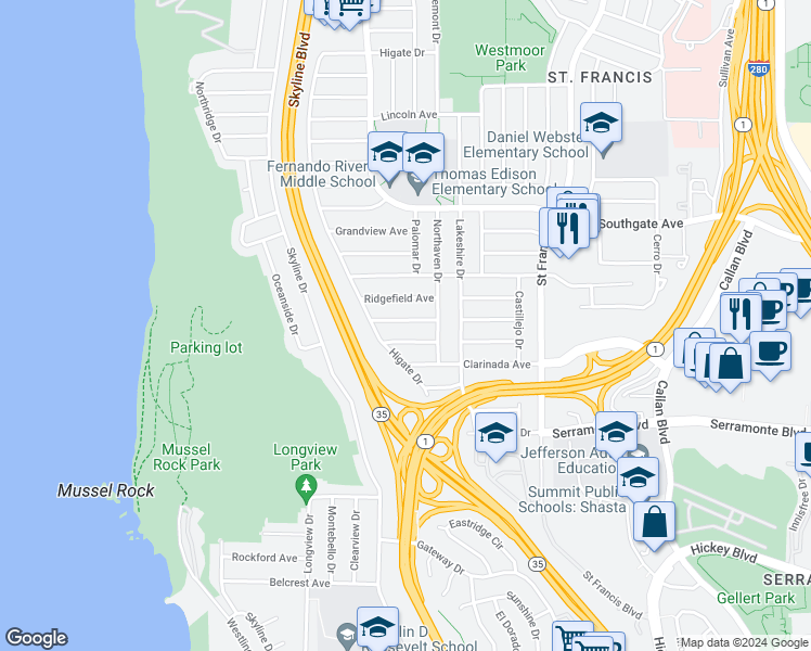 map of restaurants, bars, coffee shops, grocery stores, and more near 51 Woodside Avenue in Daly City