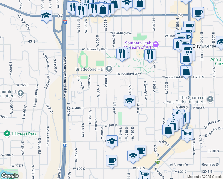 map of restaurants, bars, coffee shops, grocery stores, and more near 292 South 700 West in Cedar City