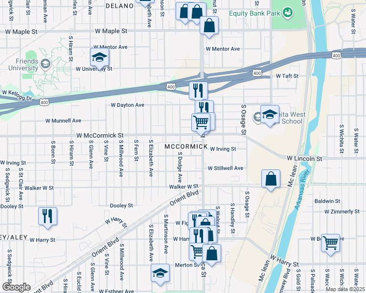 map of restaurants, bars, coffee shops, grocery stores, and more near 1014 South Dodge Avenue in Wichita