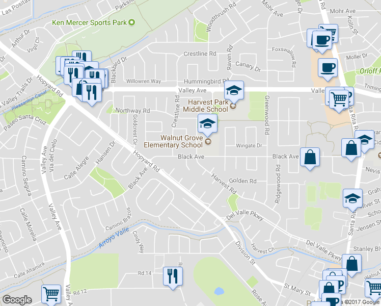 map of restaurants, bars, coffee shops, grocery stores, and more near 1874 Harvest Road in Pleasanton