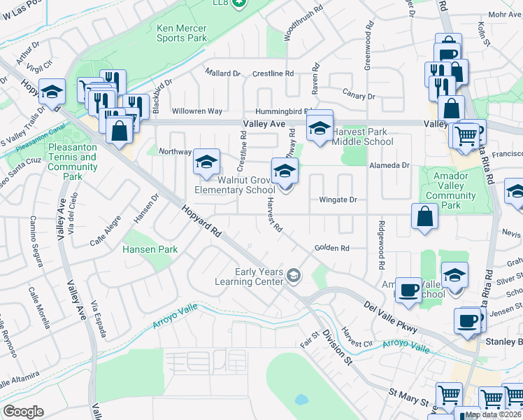 map of restaurants, bars, coffee shops, grocery stores, and more near 1874 Harvest Road in Pleasanton