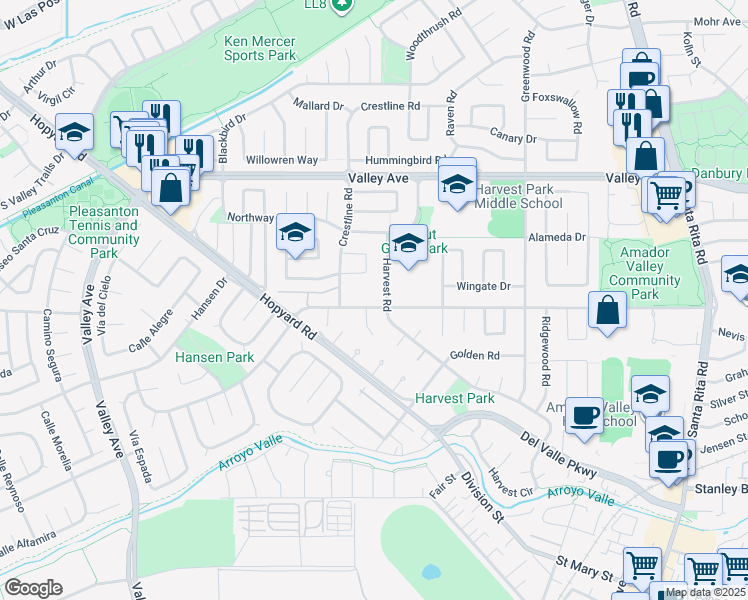 map of restaurants, bars, coffee shops, grocery stores, and more near 1874 Harvest Road in Pleasanton