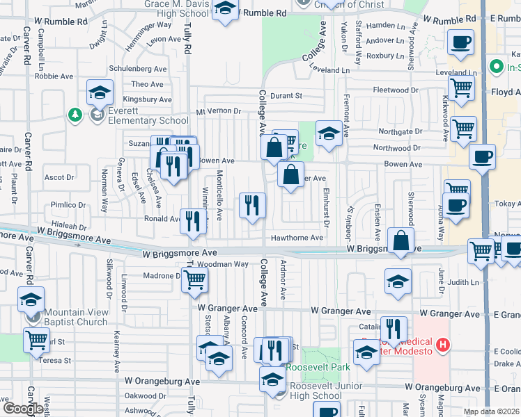 map of restaurants, bars, coffee shops, grocery stores, and more near 1913 College Avenue in Modesto