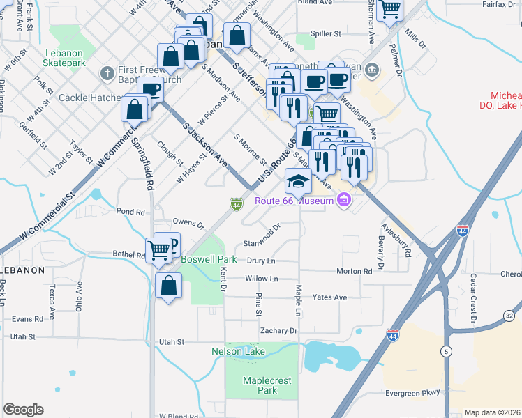 map of restaurants, bars, coffee shops, grocery stores, and more near 28 Greenwood Drive in Lebanon
