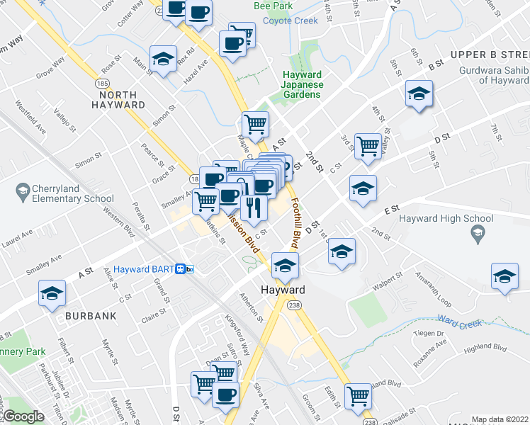 map of restaurants, bars, coffee shops, grocery stores, and more near 22650 Main Street in Hayward